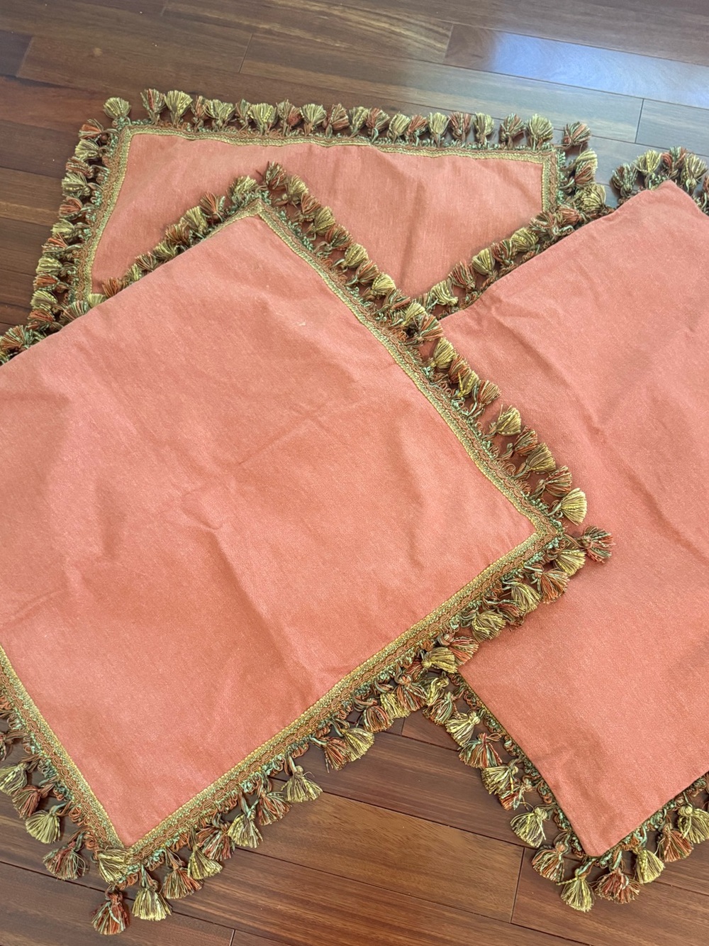 Euro Pillow Shams (3) Custom Made 26x26 In Pom Pom Fringe Pumpkin Rust Cotton